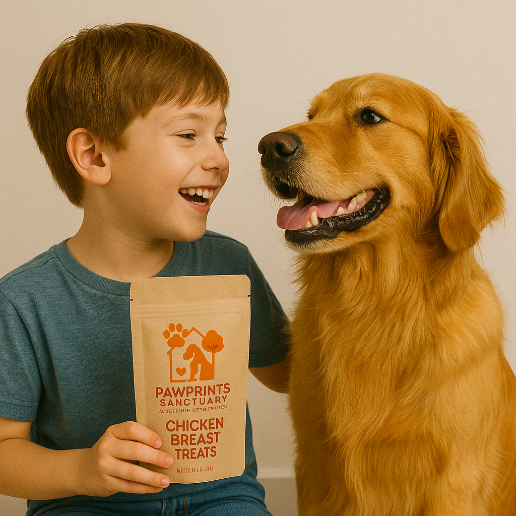 Happy woman with white fluffy dog holding beef liver treats