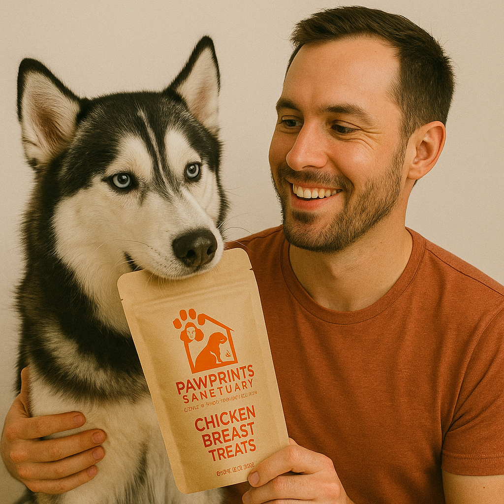 Smiling woman with golden retriever holding chicken breast treats