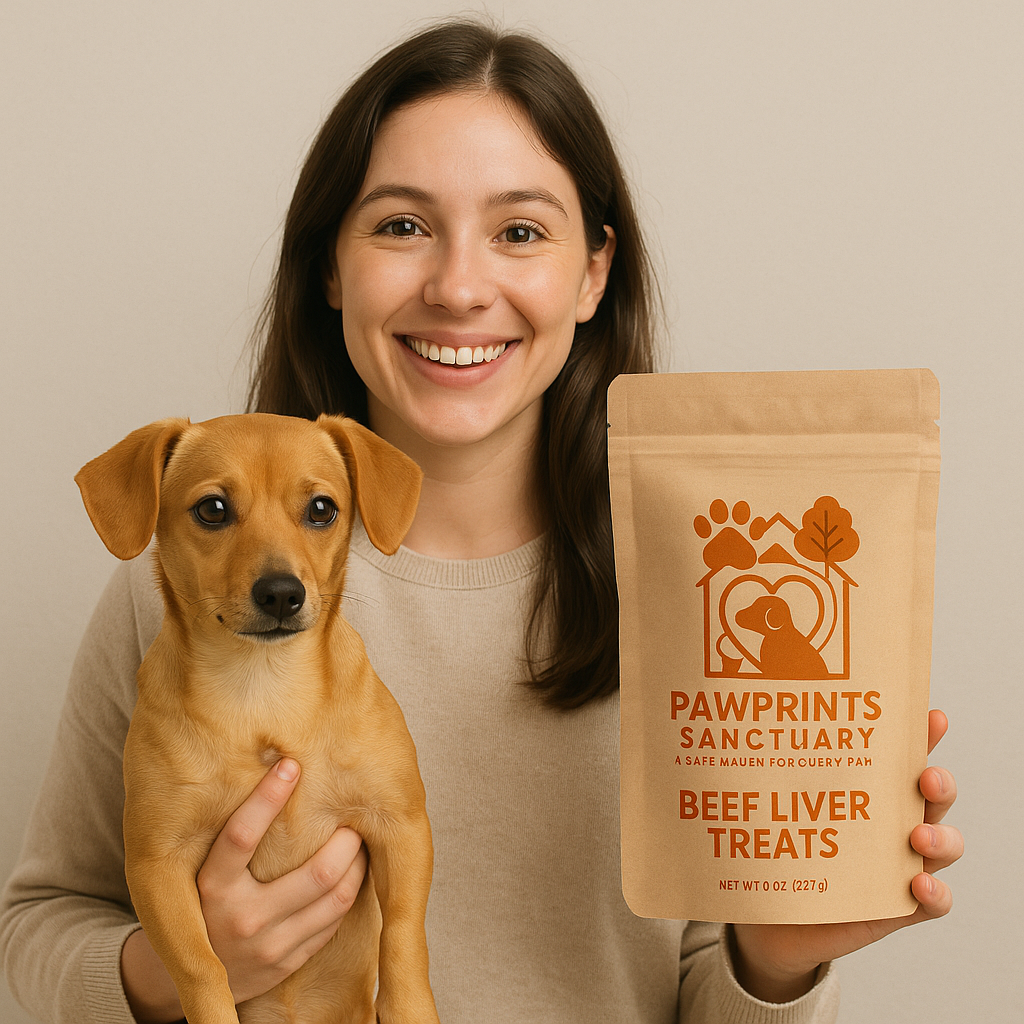 Happy woman with white fluffy dog holding beef liver treats