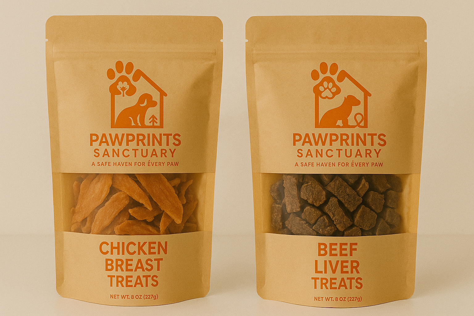 Product packages showing both beef liver and chicken breast treats
